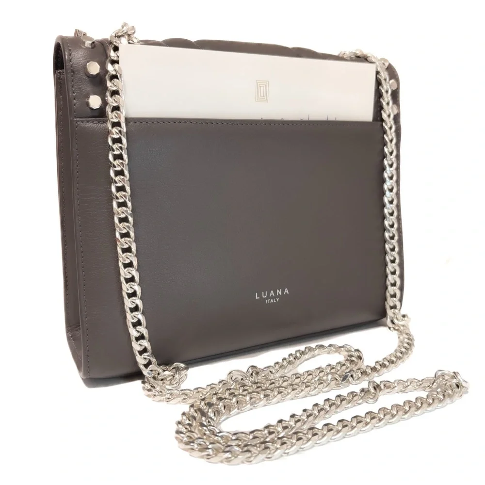 NEW - LUANA Italy “Devon Mini Crossbody” Grey Silver Studded Chain Leather Purse - Picture 2 of 5